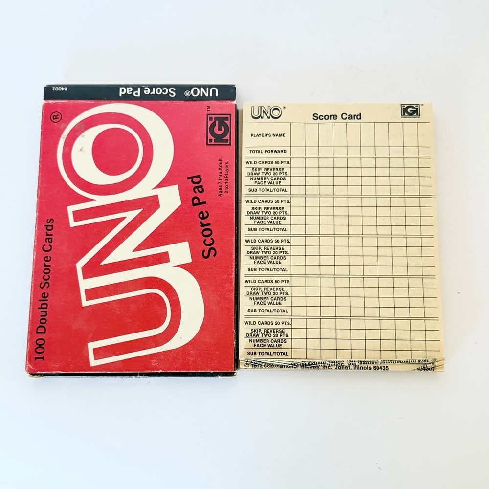 Vintage 1978 UNO Score Pad – 100 Double Score Cards – Original Box – Unused